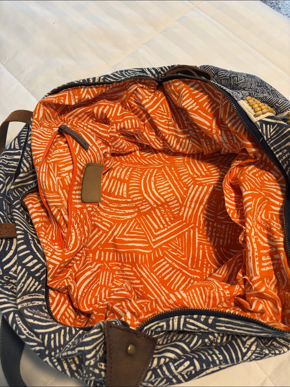 Anthropologie Jasper & Jeera Teresa Weekender Blue & White Leather Trims Bag - Picture 12 of 15
